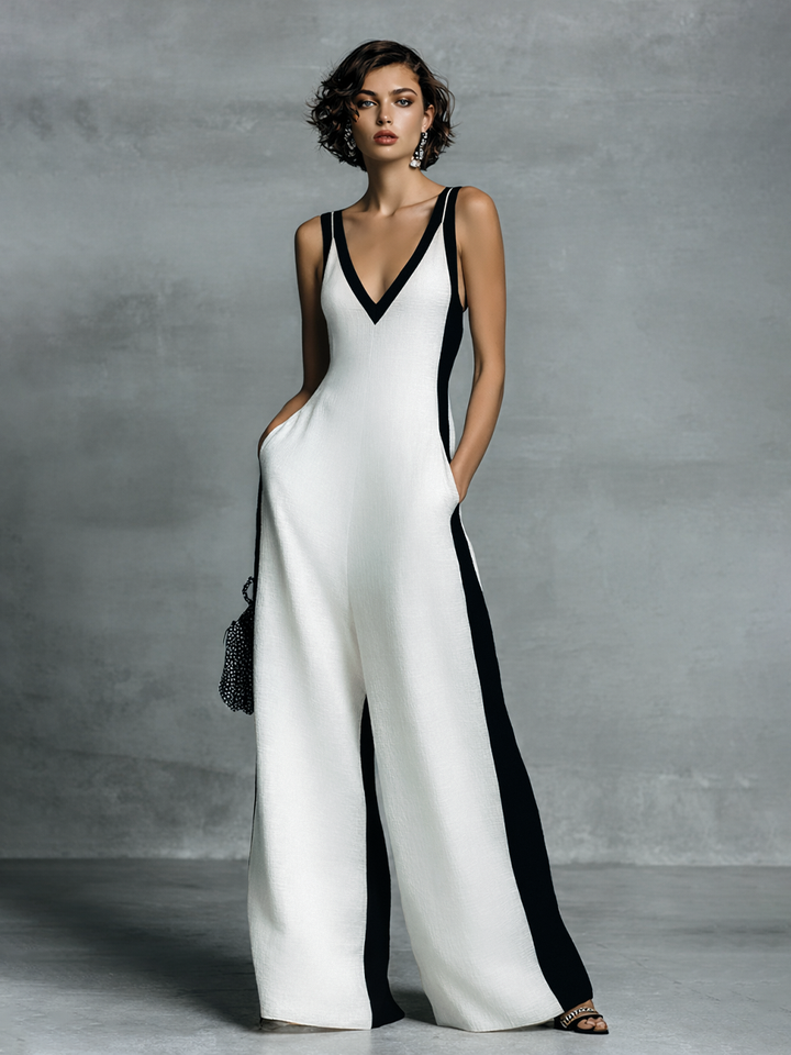 Black and White Cotton and Linen Women's Overalls with Thin Straps - Elena Harper