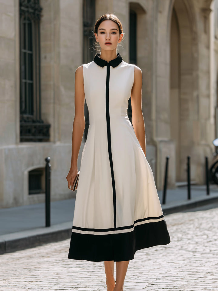 Contrast Trim Sleeveless A-Line Maxi Dress With Structured Collar - Elena Harper