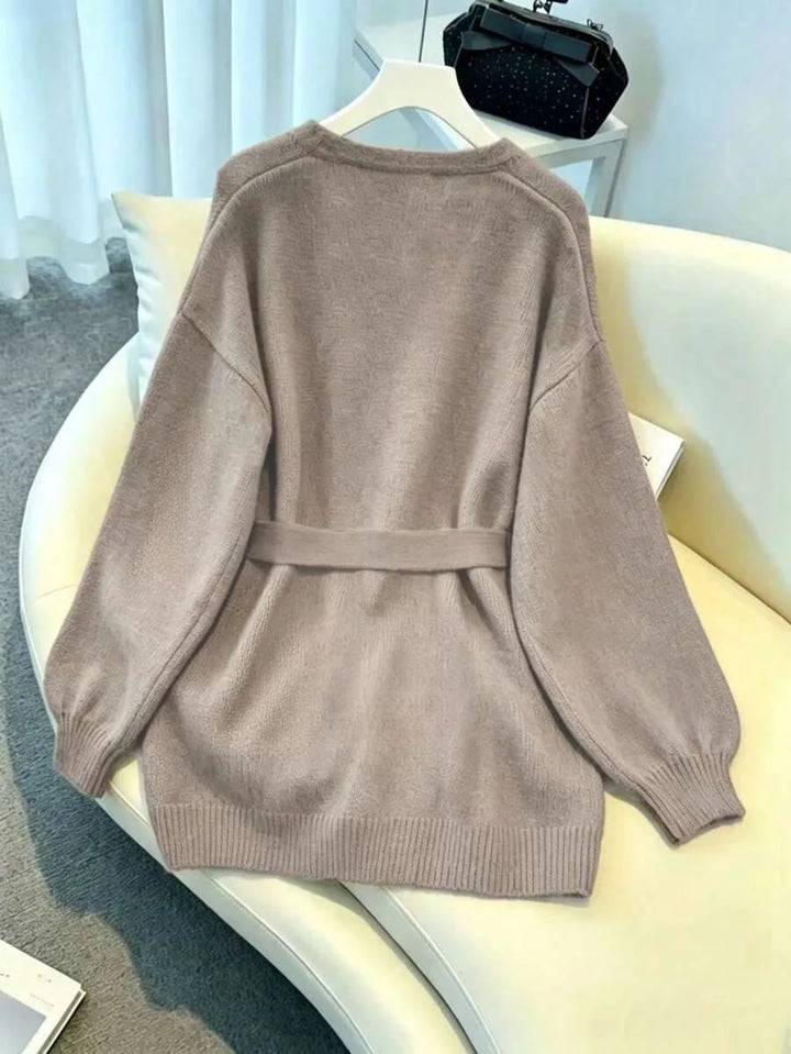Ladies Chunky Knit Cardigan with Belt - Oversized V-neck Cardigan