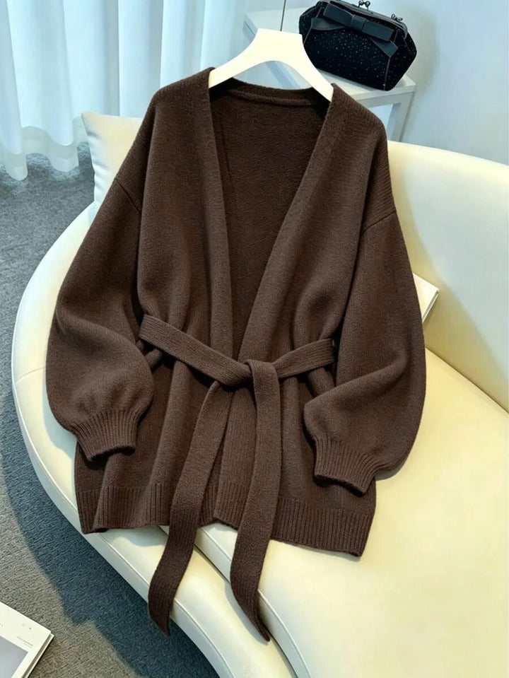 Ladies Chunky Knit Cardigan with Belt - Oversized V-neck Cardigan