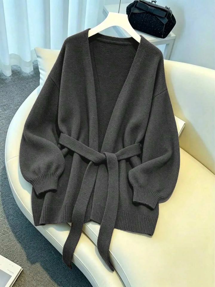Ladies Chunky Knit Cardigan with Belt - Oversized V-neck Cardigan