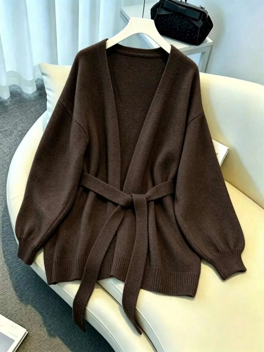 Ladies Chunky Knit Cardigan with Belt - Oversized V-neck Cardigan