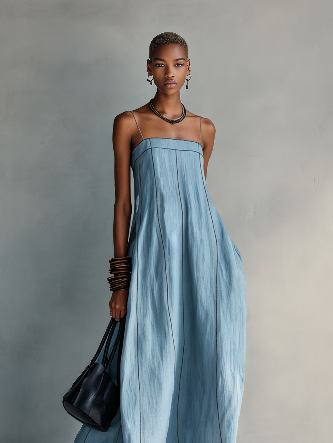 Women's Casual Blue Cotton-linen Sleeveless Camisole Maxi Dress, view 5 - Elena Harper