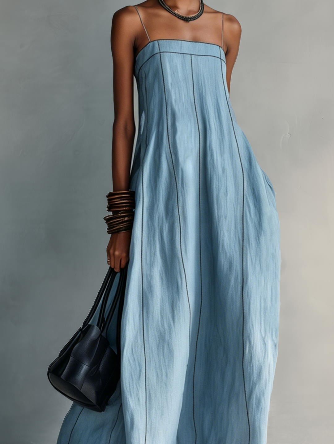 Women's Casual Blue Cotton-linen Sleeveless Camisole Maxi Dress, view 6 - Elena Harper