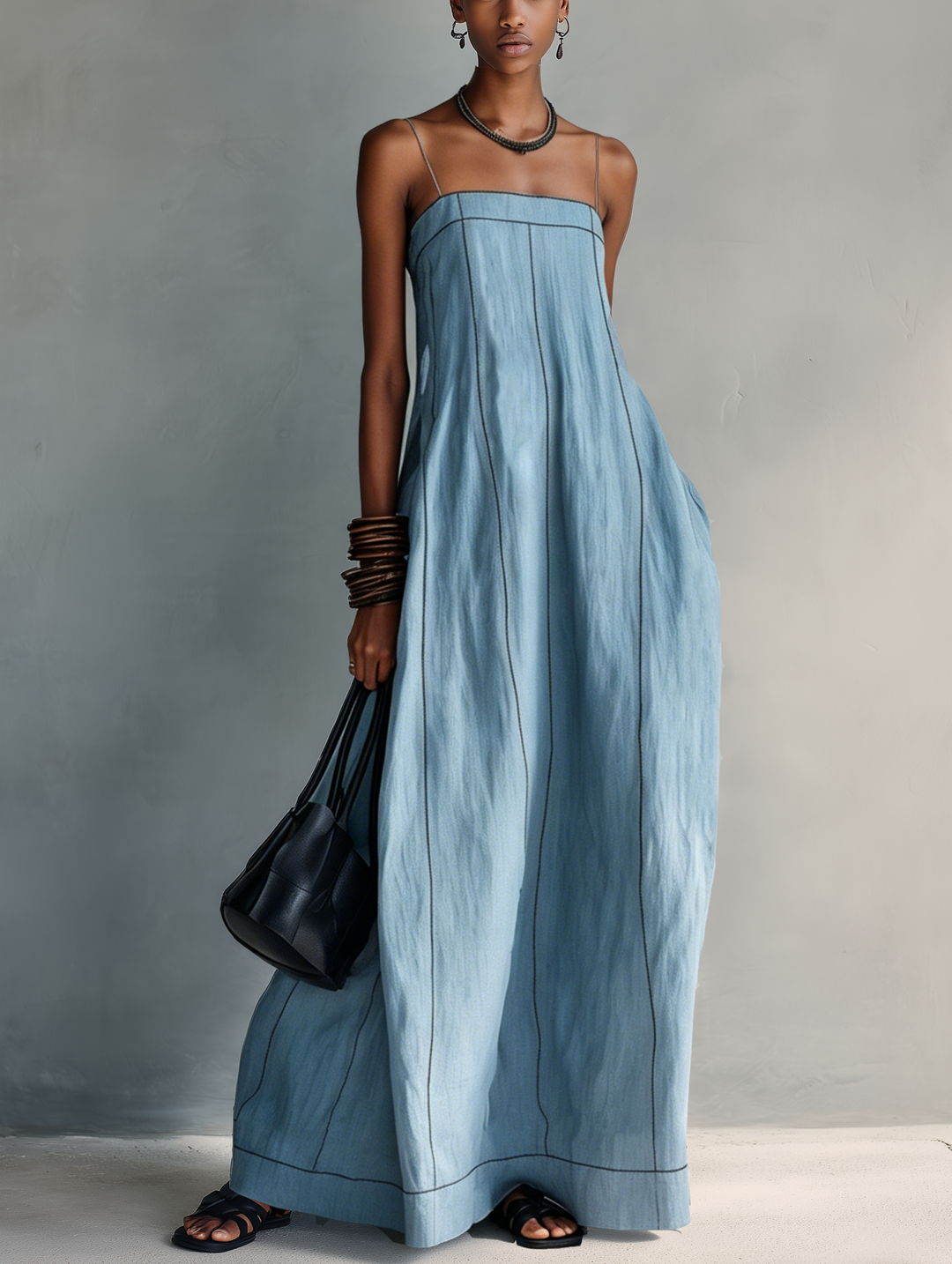 Women's Casual Blue Cotton-linen Sleeveless Camisole Maxi Dress - Elena Harper
