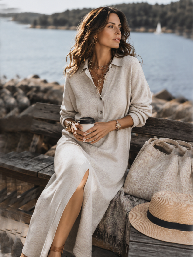 Alva | Women's Ribbed Collared Long Sleeve Midi Dress with Slit