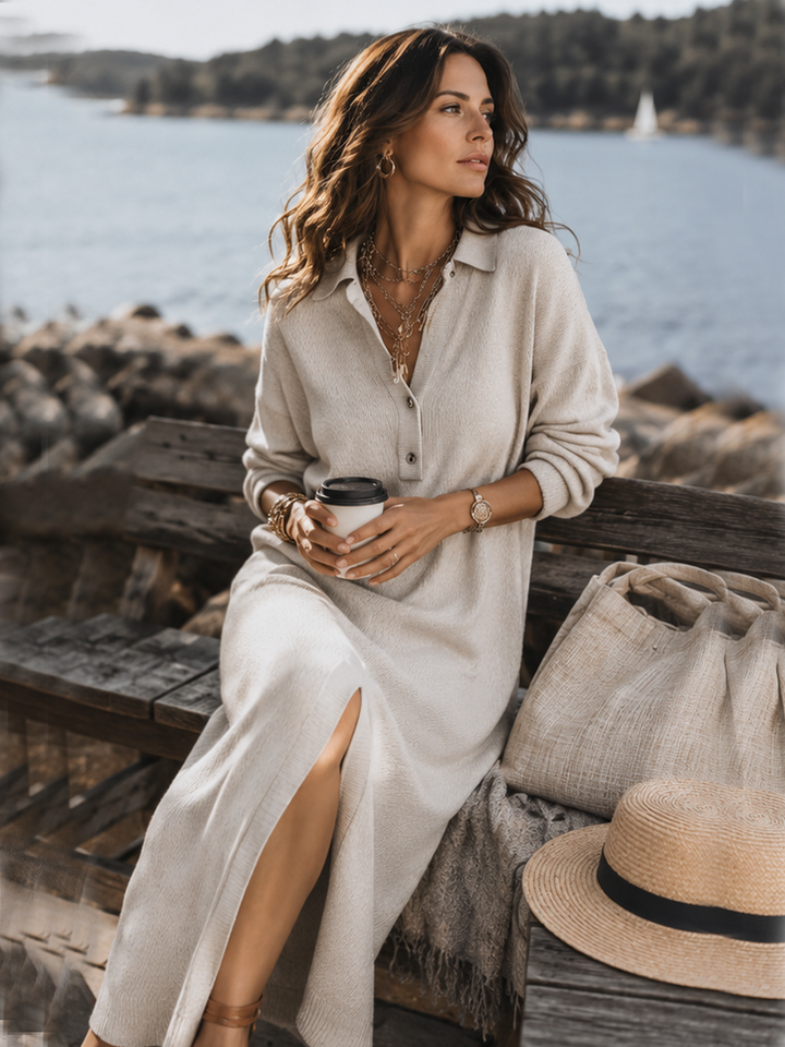 Alva | Women's Ribbed Collared Long Sleeve Midi Dress with Slit