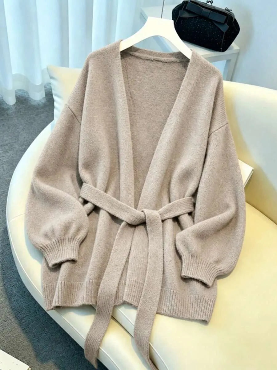 Ladies Chunky Knit Cardigan with Belt - Oversized V-neck Cardigan