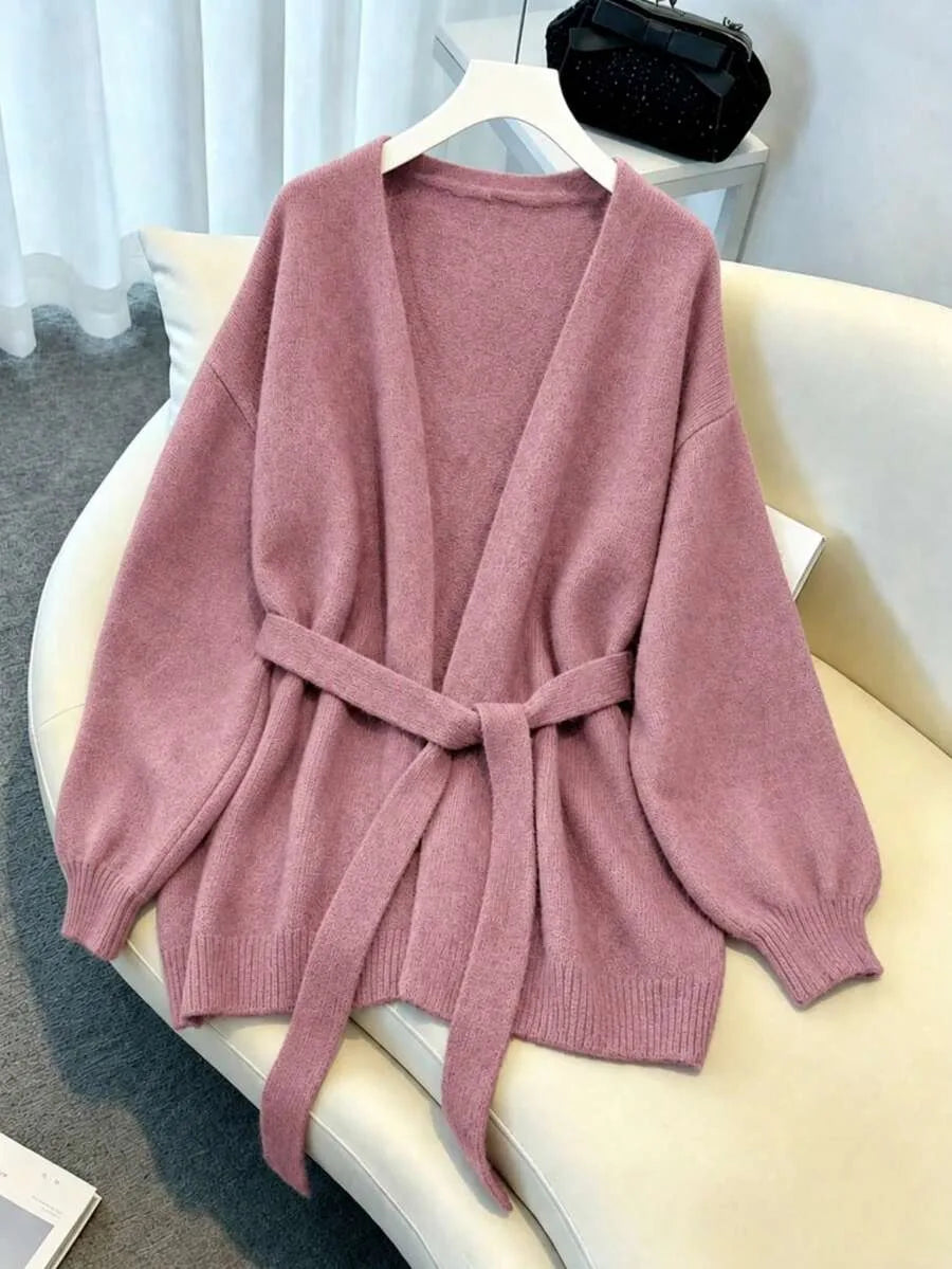 Ladies Chunky Knit Cardigan with Belt - Oversized V-neck Cardigan
