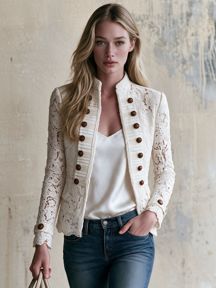 Retro White Stand-up Collar Double-breasted Lace Jacket