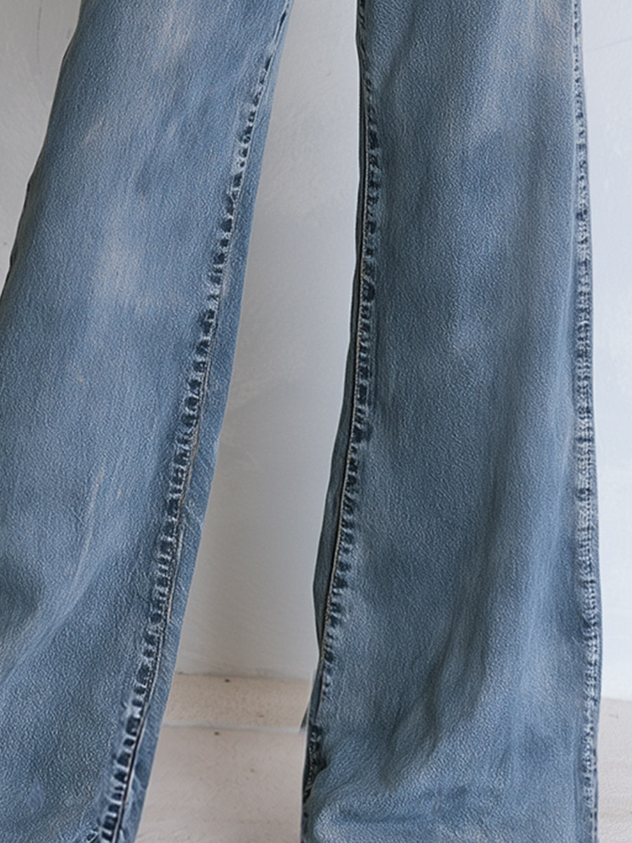 Casual Ribbon-detail Button-fly Blue Straight-leg Jeans, view 6 - Elena Harper