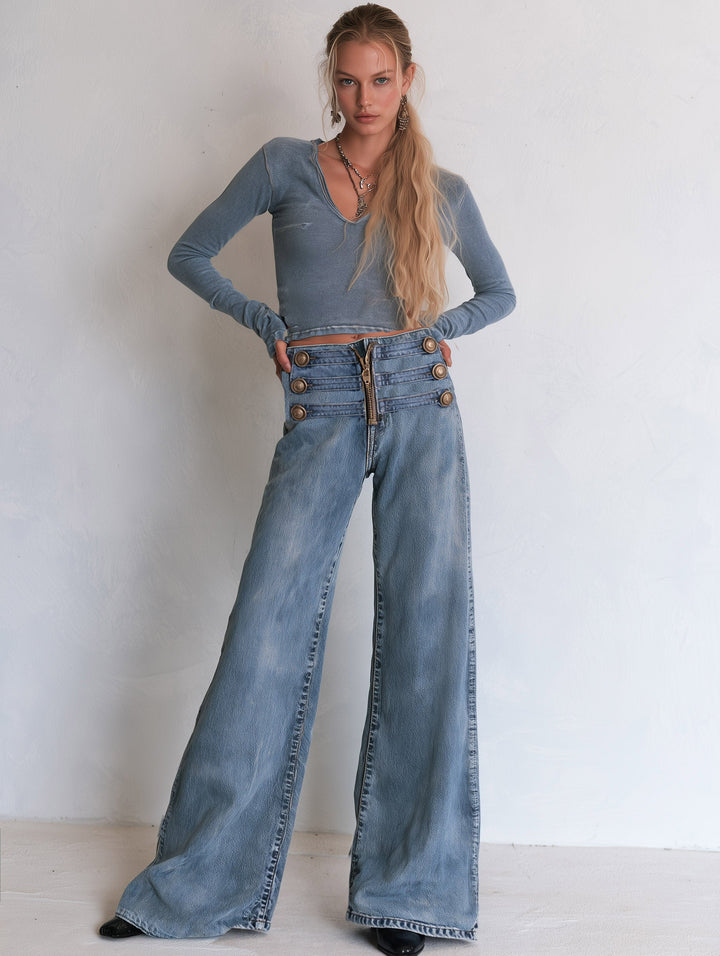 Casual Ribbon-detail Button-fly Blue Straight-leg Jeans, view 3 - Elena Harper