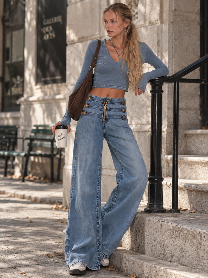Casual Ribbon-detail Button-fly Blue Straight-leg Jeans, view 2 - Elena Harper