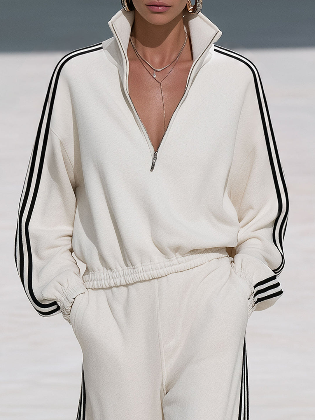Casual Sporty Black Ribbon White Half-Zip Sweatshirt And Wide-Leg Pants Set