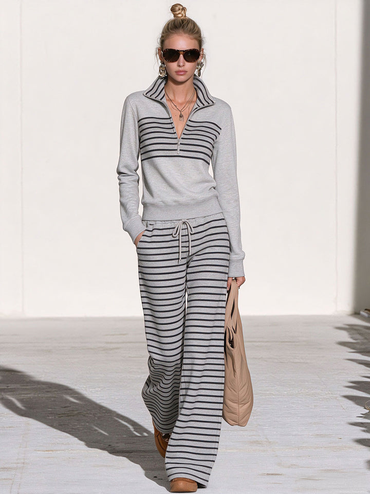 Casual Sporty Striped Light Gray Sweatshirt And Pants Set
