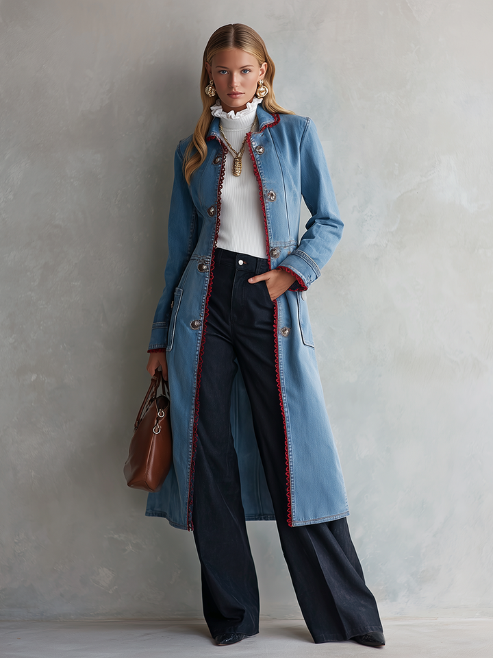 Long Denim  Red Lace Trim Duster Coat