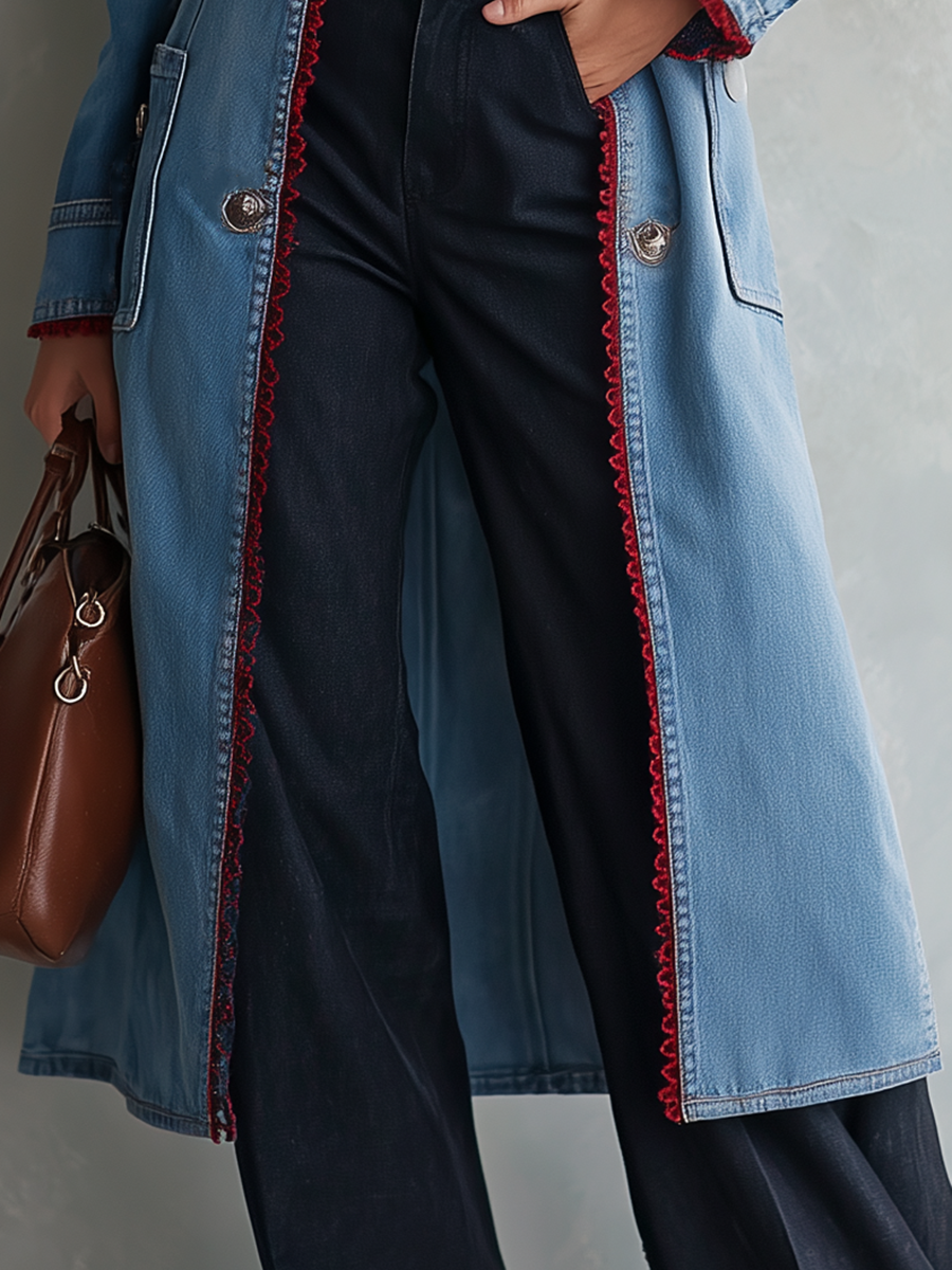 Long Denim  Red Lace Trim Duster Coat