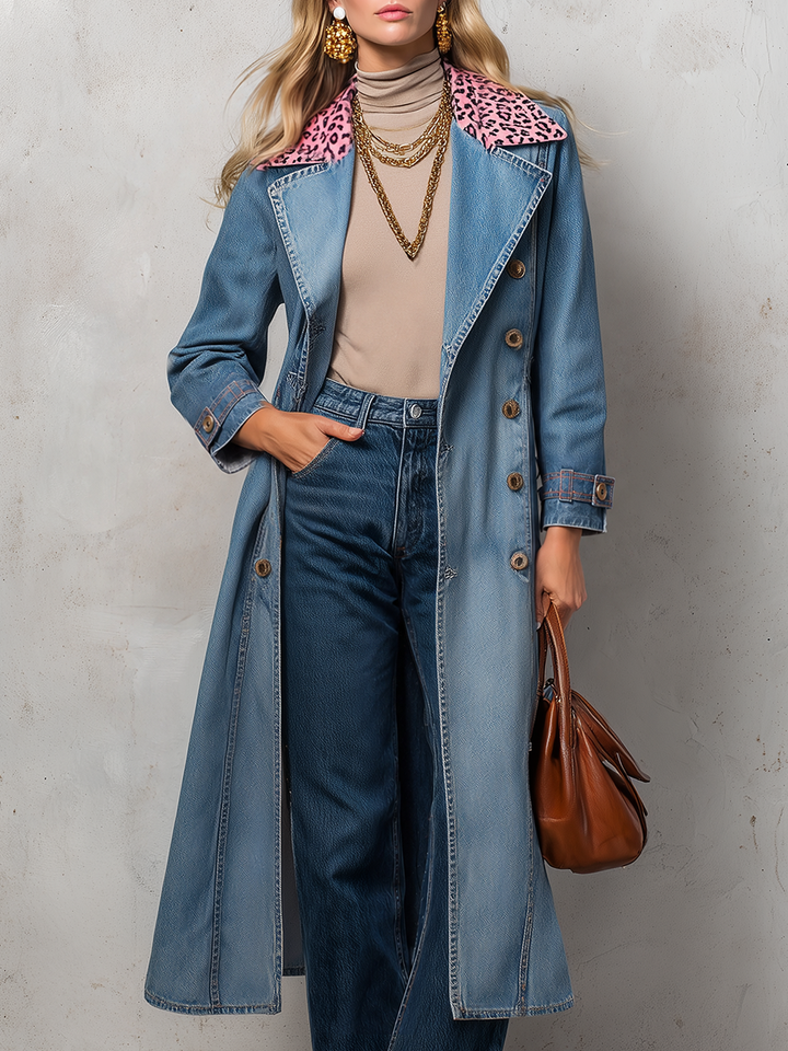 Pink Leopard Collar Denim Trench Coat
