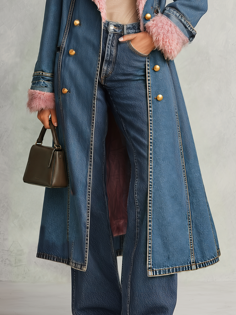 Pink Faux Fur Trim Long Denim Coat