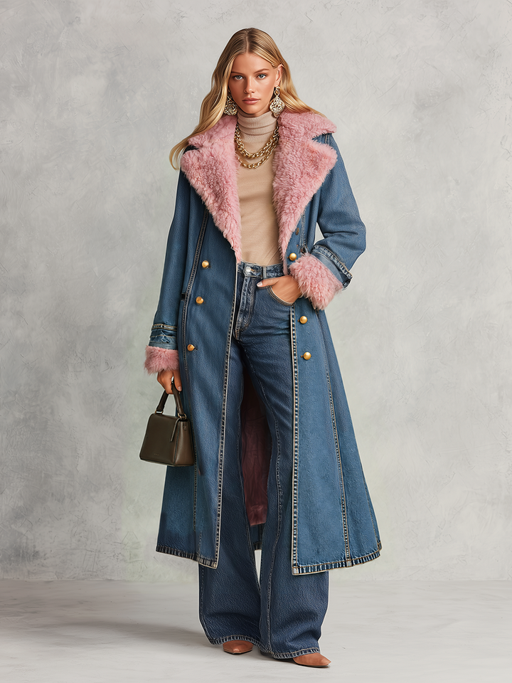 Pink Faux Fur Trim Long Denim Coat