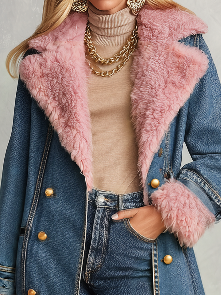 Pink Faux Fur Trim Long Denim Coat