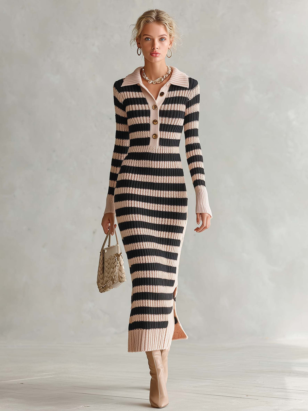 Preppy Striped Polo Collar Half-Button Ribbed Knit Long Sleeve Slit Sweater Midi Dress, view 4 - Elena Harper