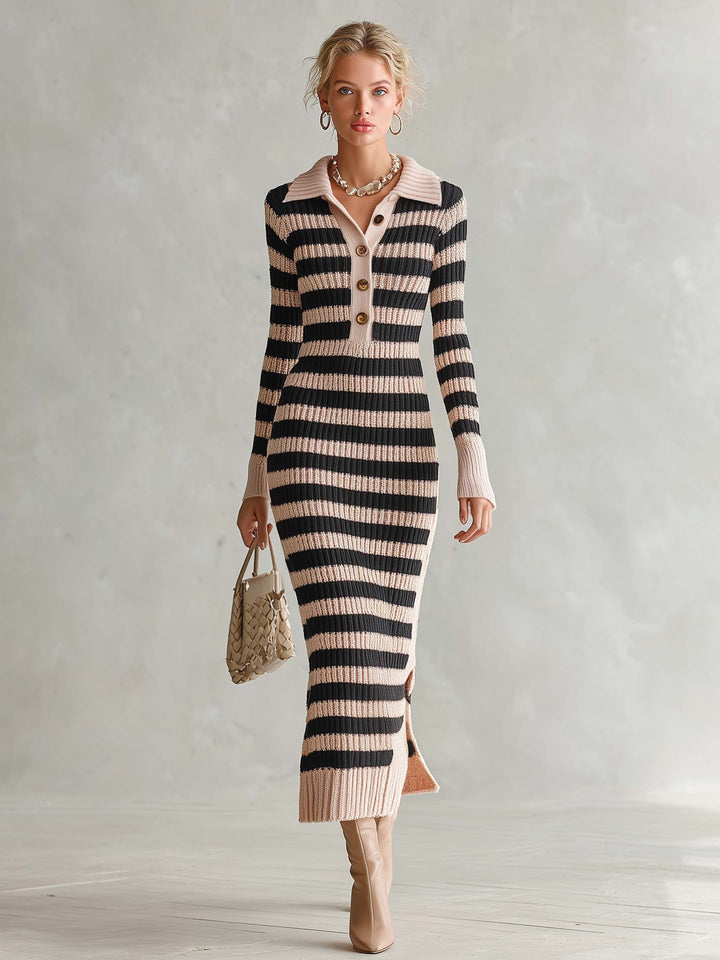 Preppy Striped Polo Collar Half-Button Ribbed Knit Long Sleeve Slit Sweater Midi Dress, view 4 - Elena Harper