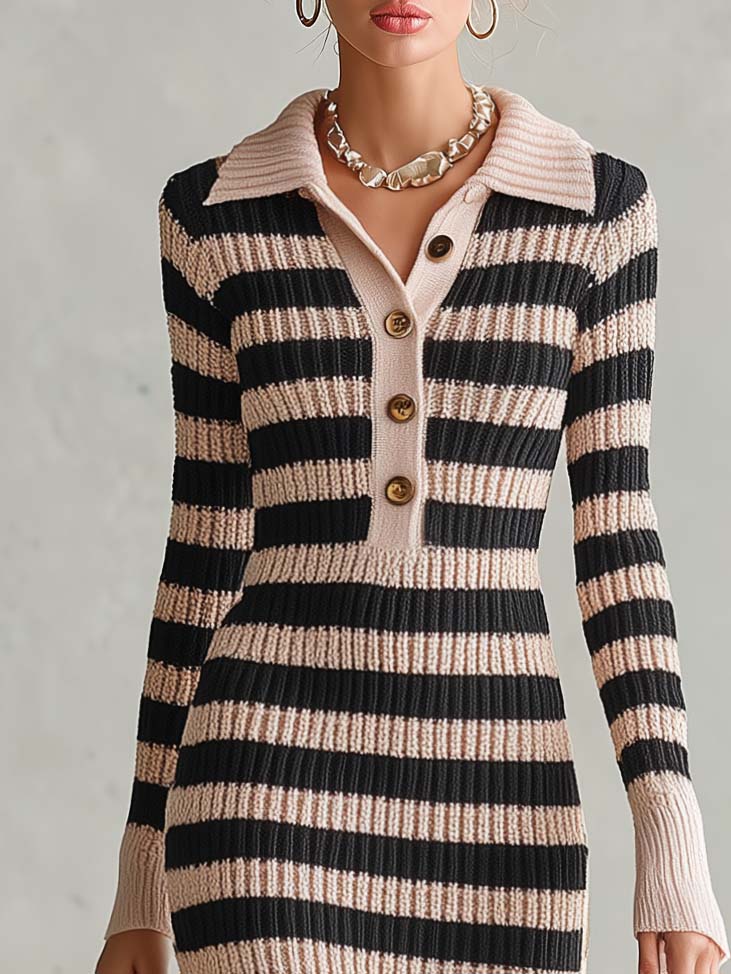 Preppy Striped Polo Collar Half-Button Ribbed Knit Long Sleeve Slit Sweater Midi Dress, view 5 - Elena Harper