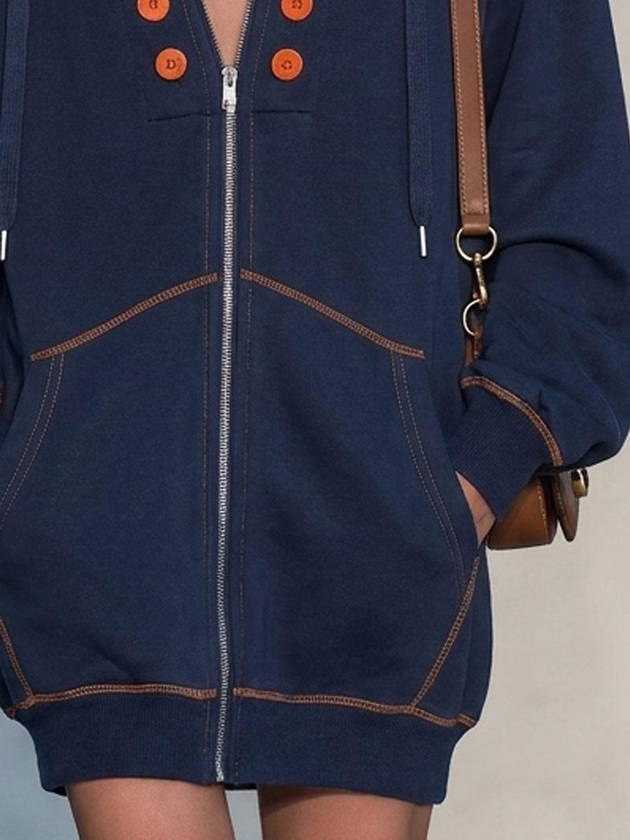 Casual Retro Double-breasted Decorative Button Blue Hooded Zip-up Cotton Mini Dress