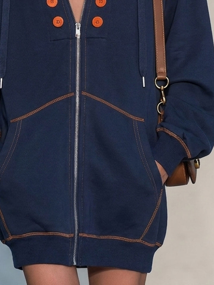 Casual Retro Double-breasted Decorative Button Blue Hooded Zip-up Cotton Mini Dress