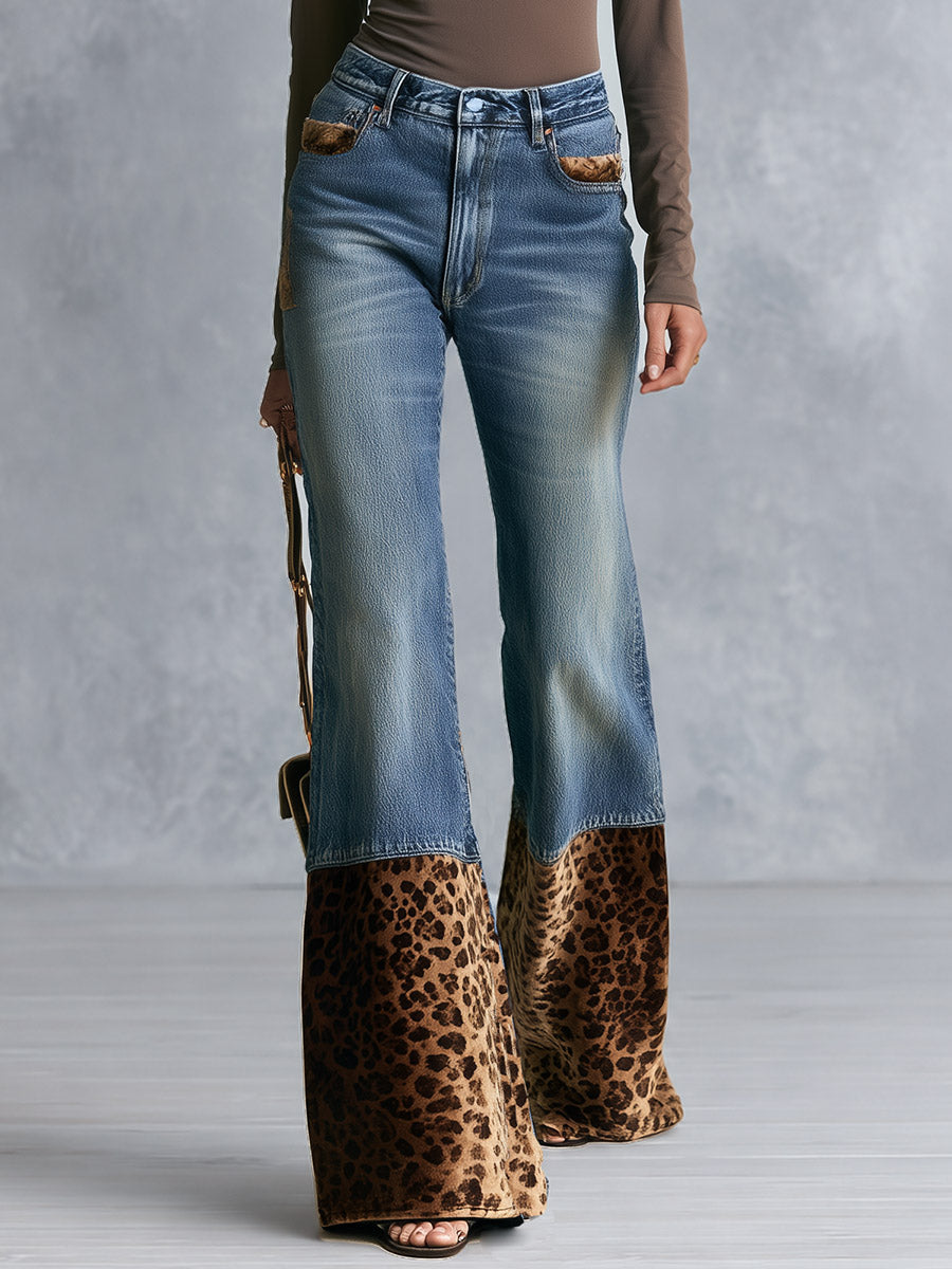 Women's High Rise Leopard Print Patchwork Flare Jeans