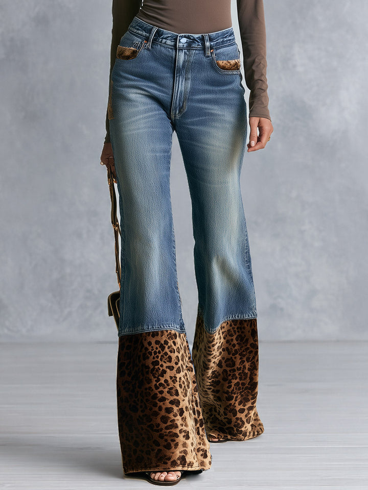 Women's High Rise Leopard Print Patchwork Flare Jeans