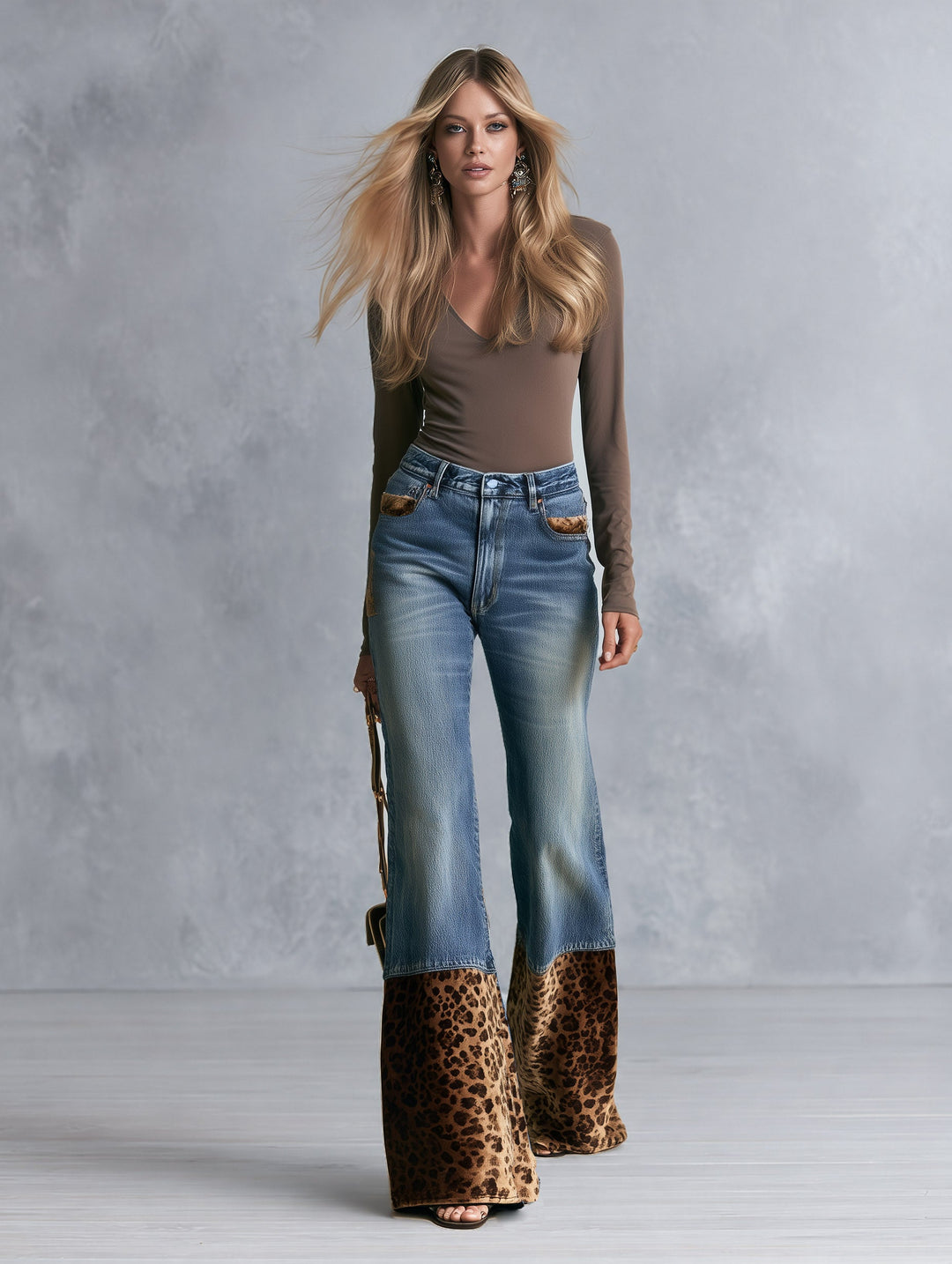 Women's High Rise Leopard Print Patchwork Flare Jeans