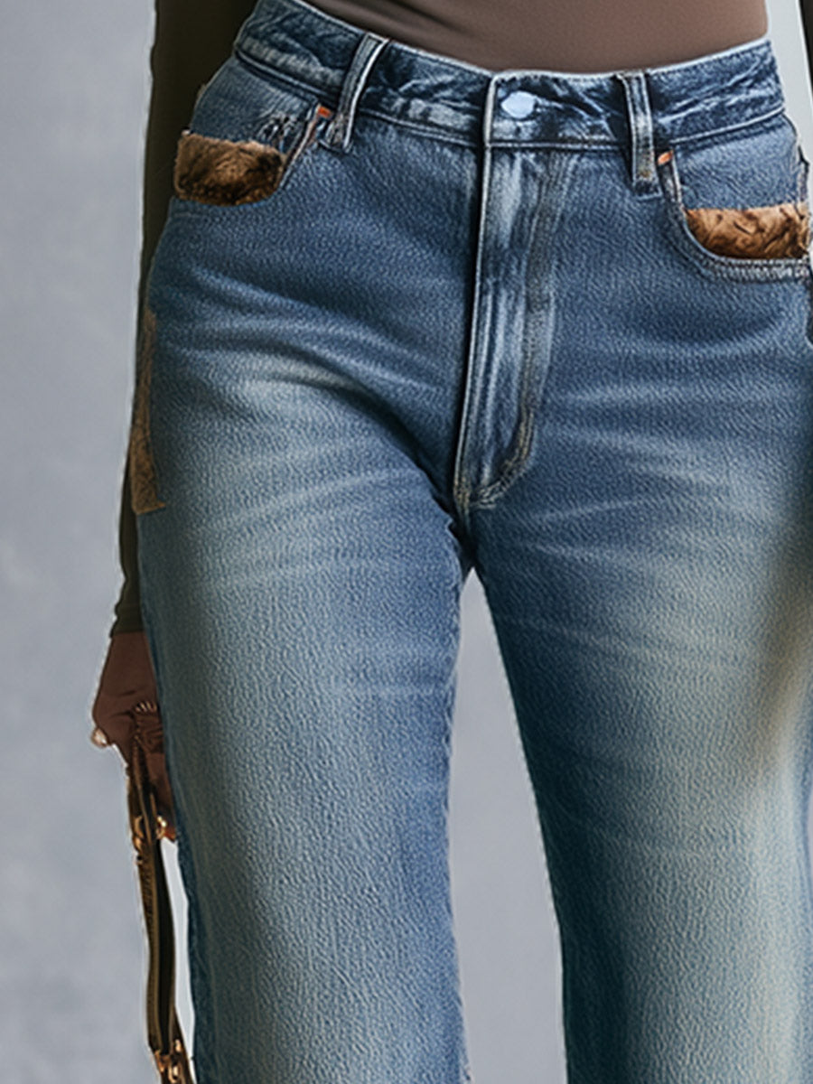 Women's High Rise Leopard Print Patchwork Flare Jeans