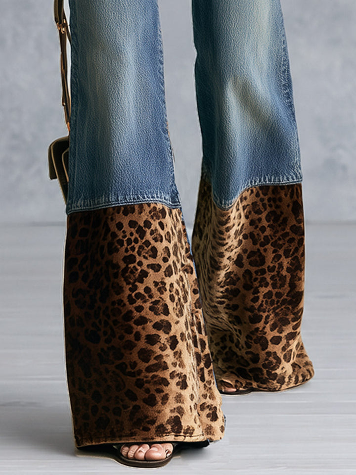 Women's High Rise Leopard Print Patchwork Flare Jeans