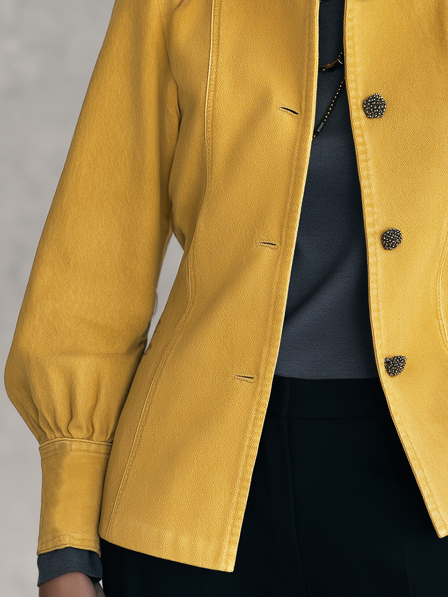 Classic Mustard Yellow Stand Collar Bishop Sleeve Tailored Button Front Jacket