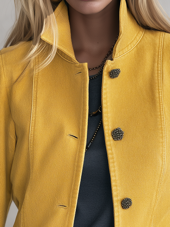Classic Mustard Yellow Stand Collar Bishop Sleeve Tailored Button Front Jacket