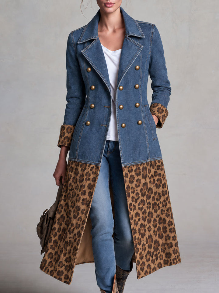 Retro Denim Patchwork Leopard Print Faux Suede Coat