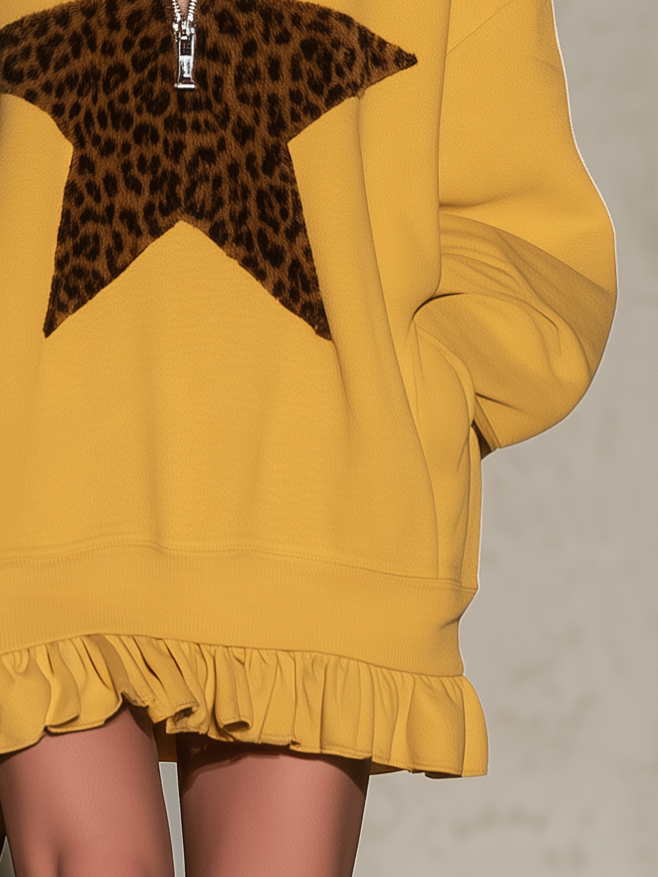 Mustard Yellow Half-zip Hooded Sweatshirt Dress Featuring Leopard-print Star Appliqués And A Ruffled Hem, view 10 - Elena Harper