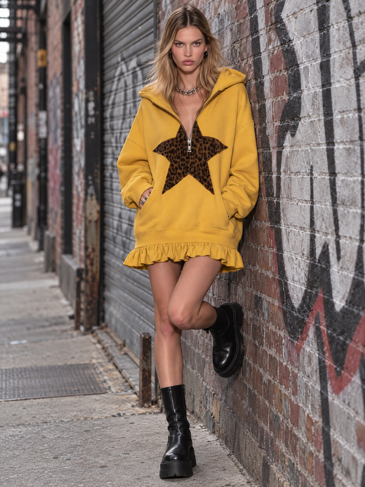 Mustard Yellow Half-zip Hooded Sweatshirt Dress Featuring Leopard-print Star Appliqués And A Ruffled Hem, view 4 - Elena Harper