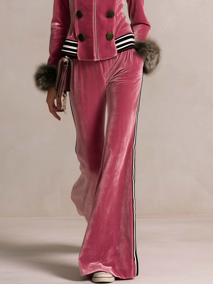 Retro Glam Pink Velvet Faux-Fur Cuff Zip-Up Top Side-Stripe Wide-Leg Pants Set, view 10 - Elena Harper