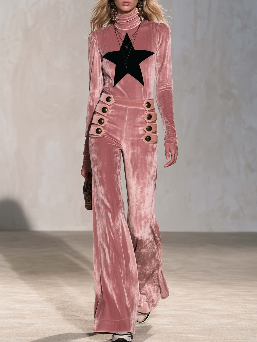 Retro Pink Star Turtleneck Sailor Button Flare Pants Velvet Two-Piece Set
