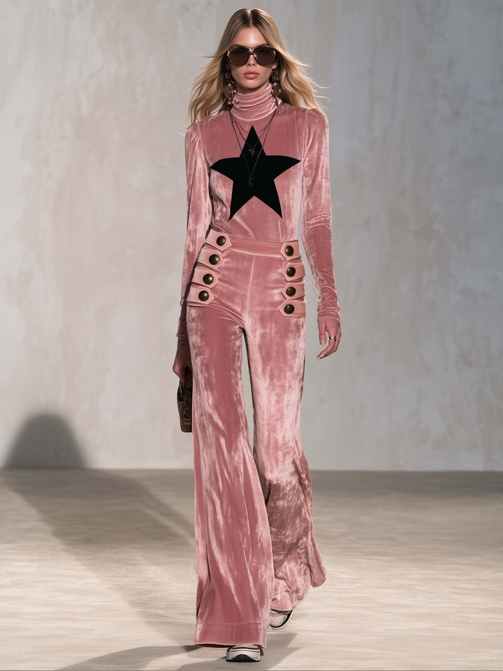 Retro Pink Star Turtleneck Sailor Button Flare Pants Velvet Two-Piece Set
