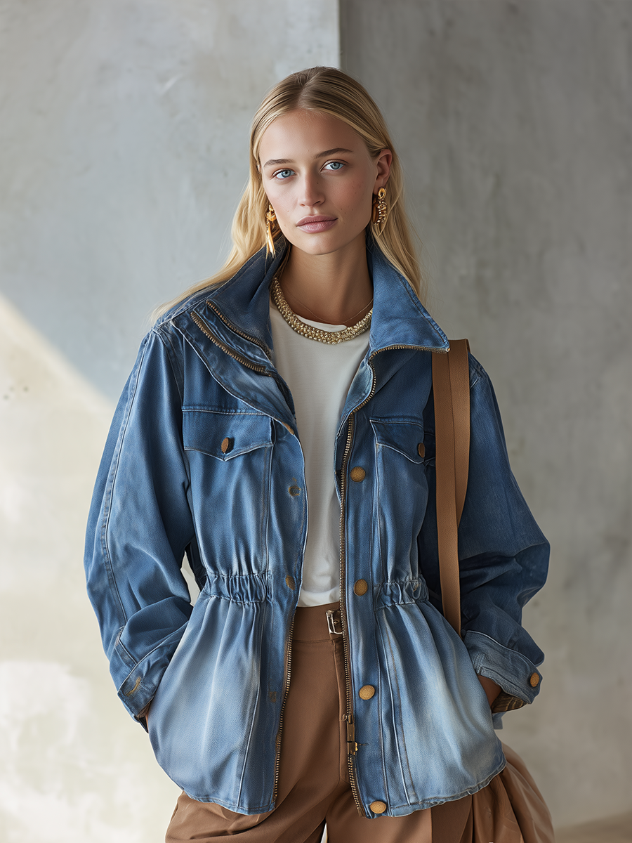 Vintage Utility Faded Wash Cinched Waist Zip Up Peplum Denim Jacket