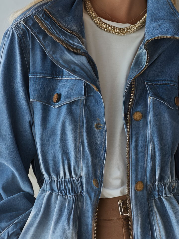 Vintage Utility Faded Wash Cinched Waist Zip Up Peplum Denim Jacket
