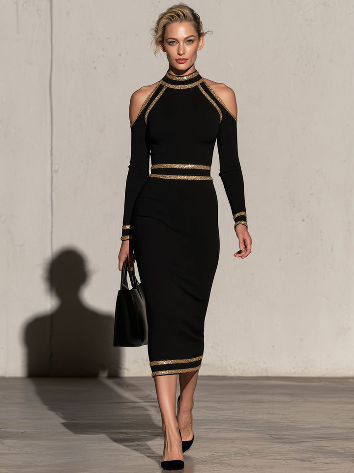 Elegant And Sophisticated Black High-neck Off-shoulder Long-sleeved Midi Dress, view 5 - Elena Harper