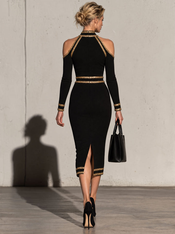 Elegant And Sophisticated Black High-neck Off-shoulder Long-sleeved Midi Dress, view 4 - Elena Harper
