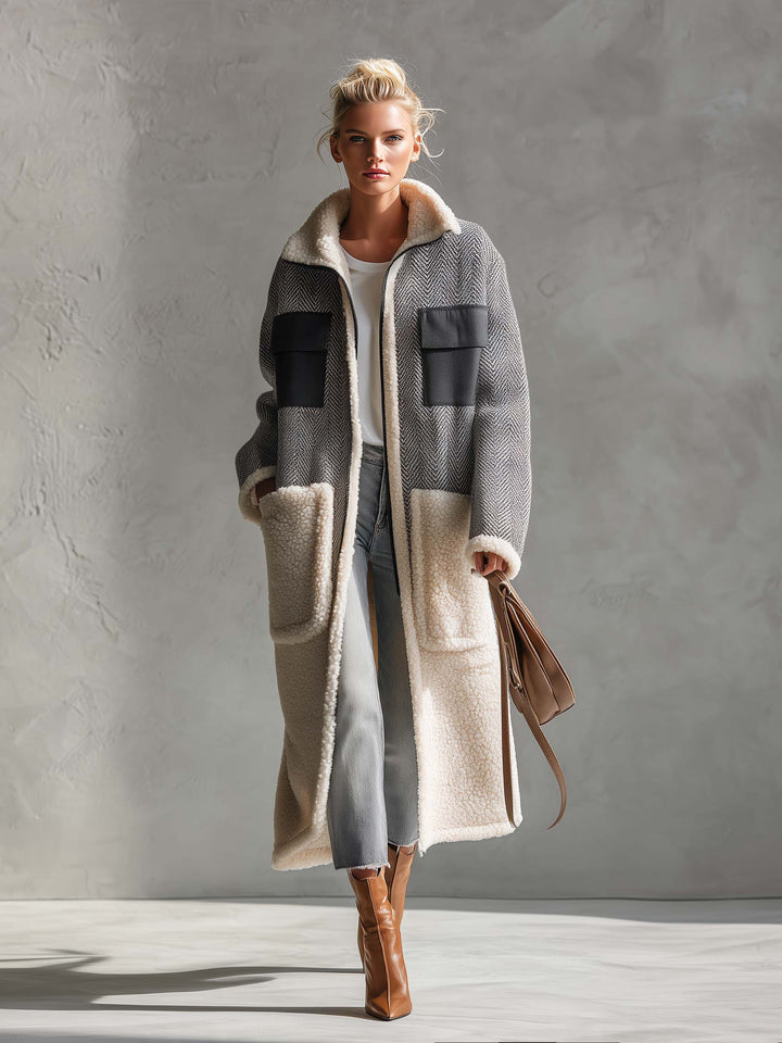 Casual Vintage Grey Herringbone Fleece Patchwork Pocket Zip-Up Long Sherpa Coat
