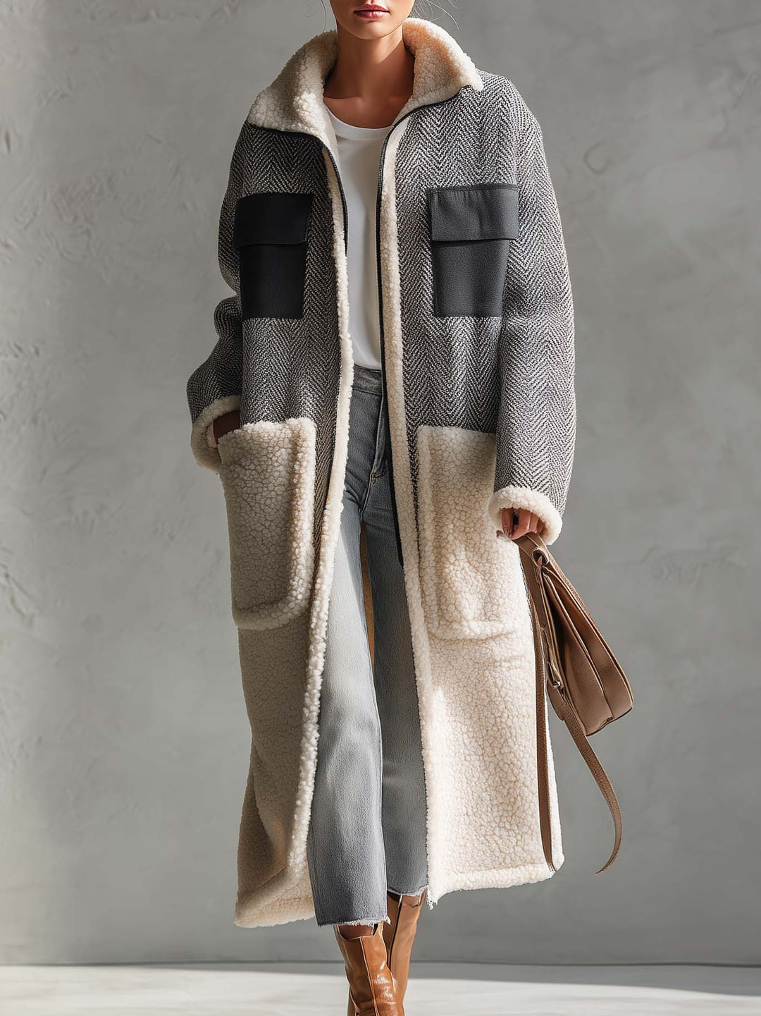 Casual Vintage Grey Herringbone Fleece Patchwork Pocket Zip-Up Long Sherpa Coat