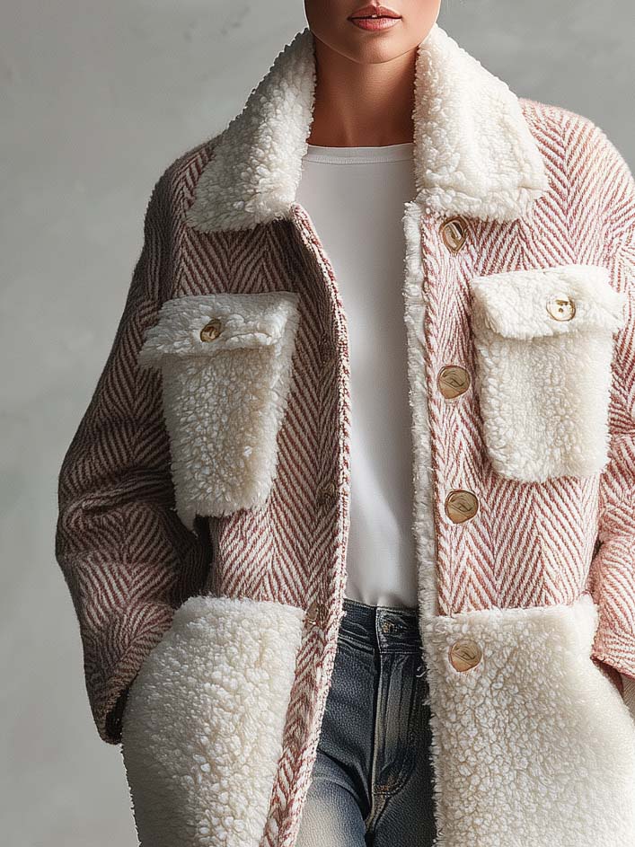 Retro Chic Pink Herringbone Wool Blend Sherpa Collar Gold Button Oversized Coat